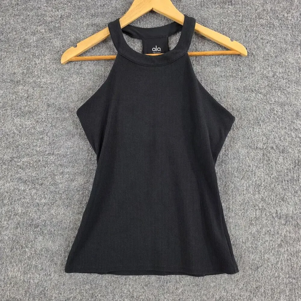 Alo Yoga Top Women Small Insight Tank Ribbed Halter Black Yoga Athletic Gym Chic